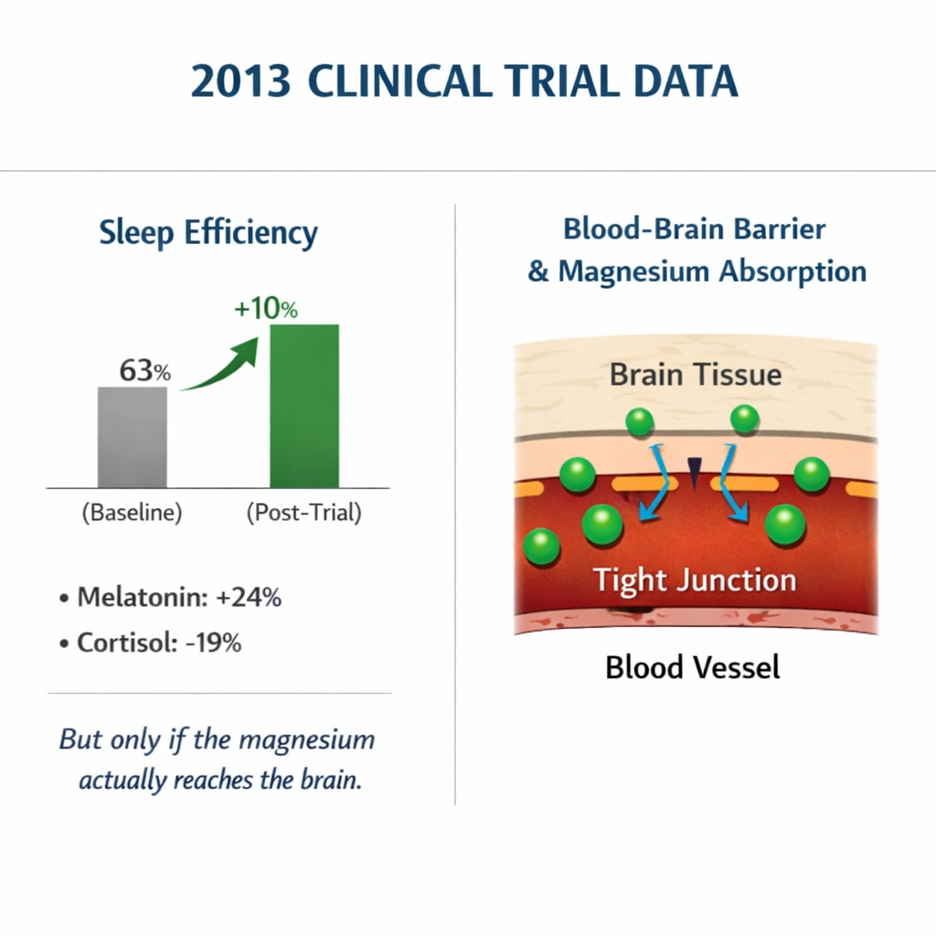 Infographic with 2013 clinical trial data on sleep efficiency and magnesium absorption in the brain.