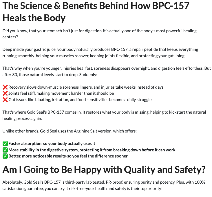 Infographic explaining benefits of BPC-157 for healing, including faster absorption and improved digestive stability.