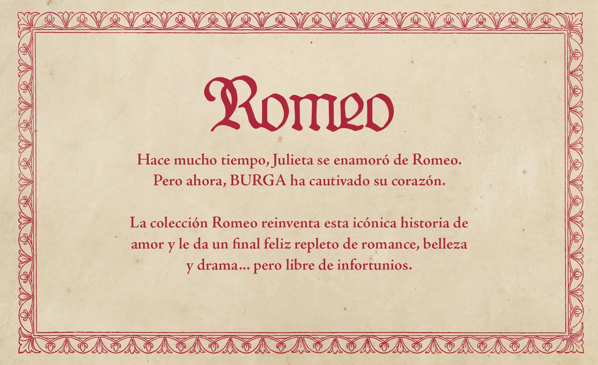 A page with red Spanish text about Romeo, on a parchment-like background with a decorative red border.