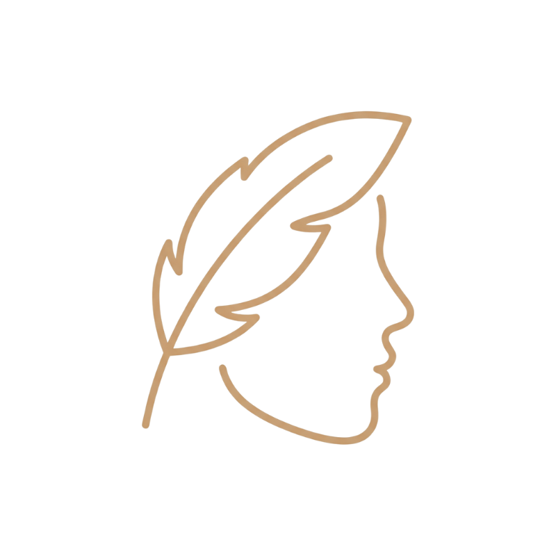 Outline of a face with an overlapping feather.