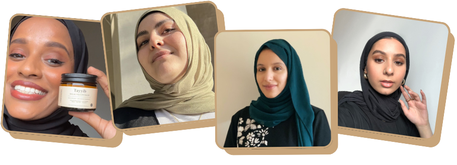Four women wearing hijabs, one holding a skincare product.