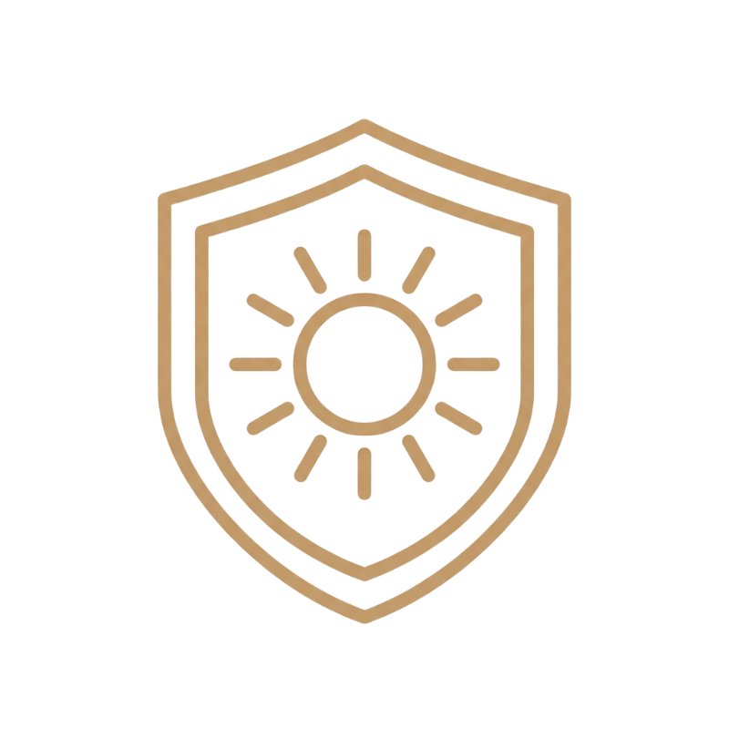 A shield with a sun icon inside it.