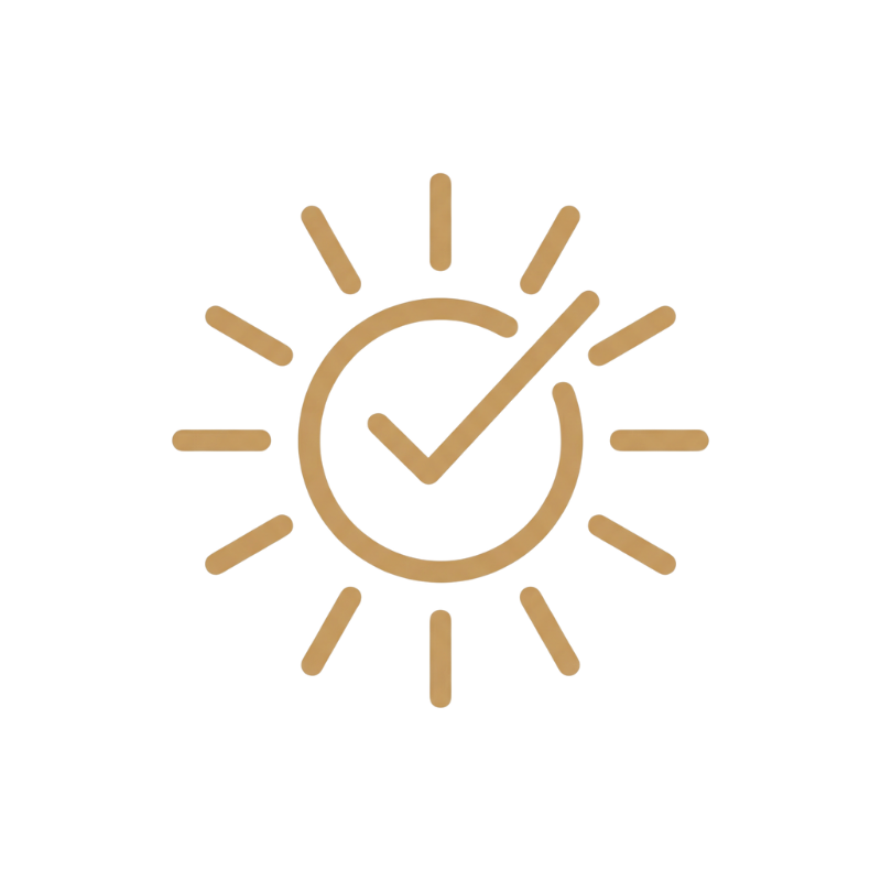 A sun icon with a check mark inside.