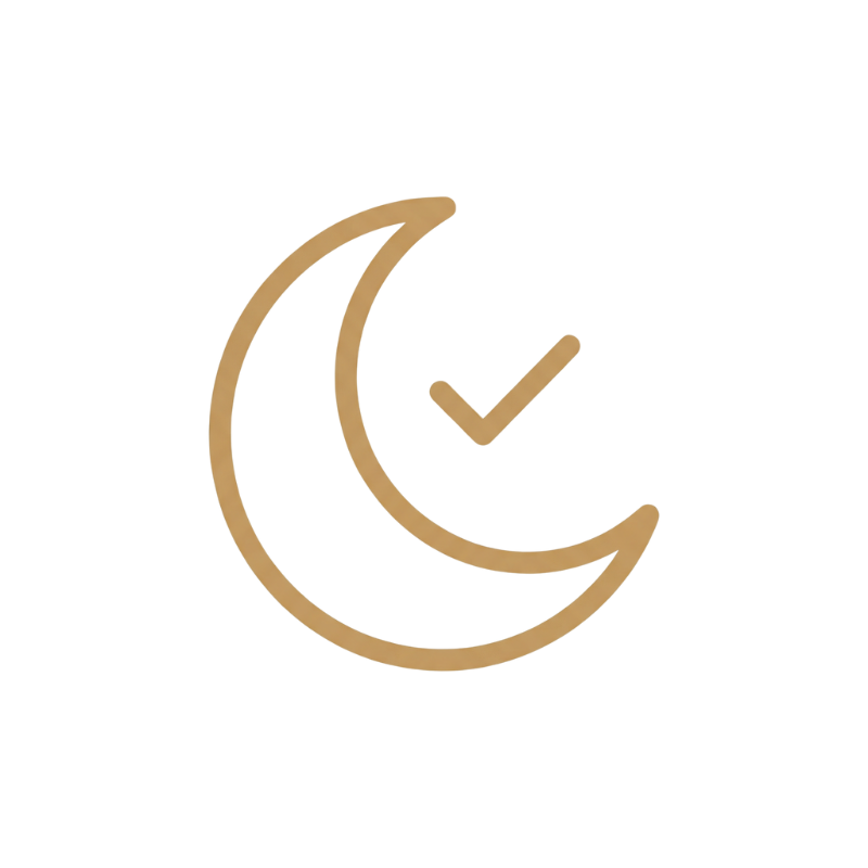 Outline of a crescent moon with a checkmark inside on a transparent background.