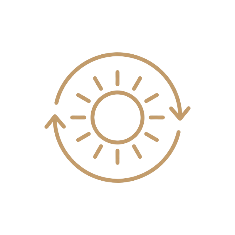 Circular arrows around a sun icon.