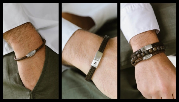 Four images showcasing a man's wrist adorned with a stylish bracelet from different angles and perspectives.