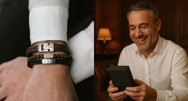 Two images one of a man wearing a bracelet, the other of a man holding a gift box.