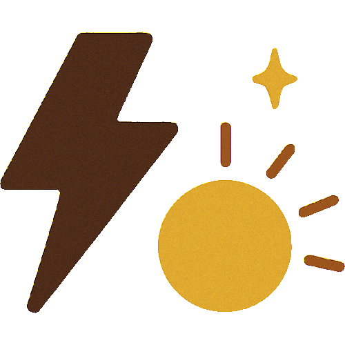 Illustration of a brown lightning bolt and a yellow sun with rays.