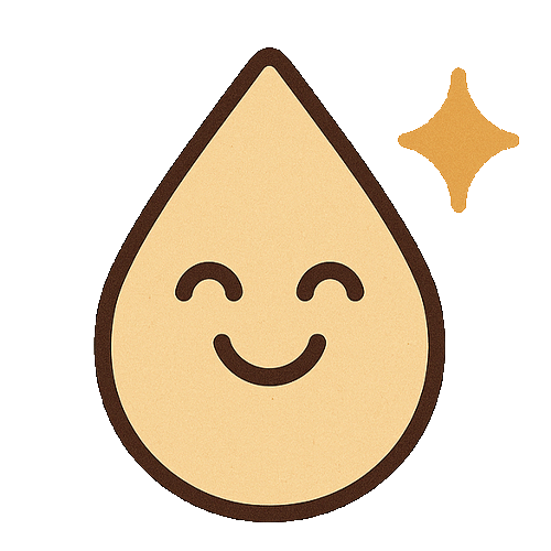 Smiling water droplet with a sparkle beside it.