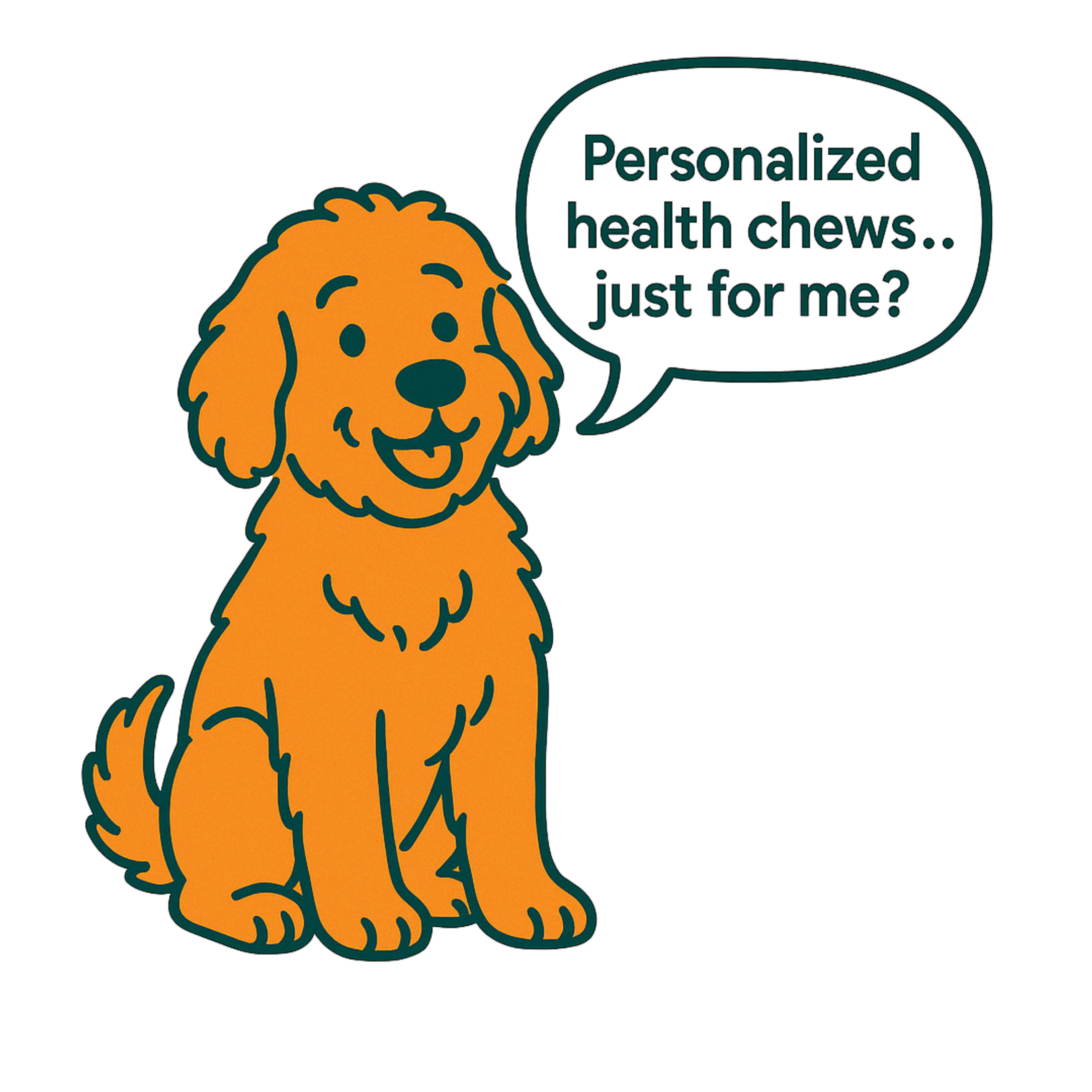 Illustration of a dog with a speech bubble about personalized health chews.