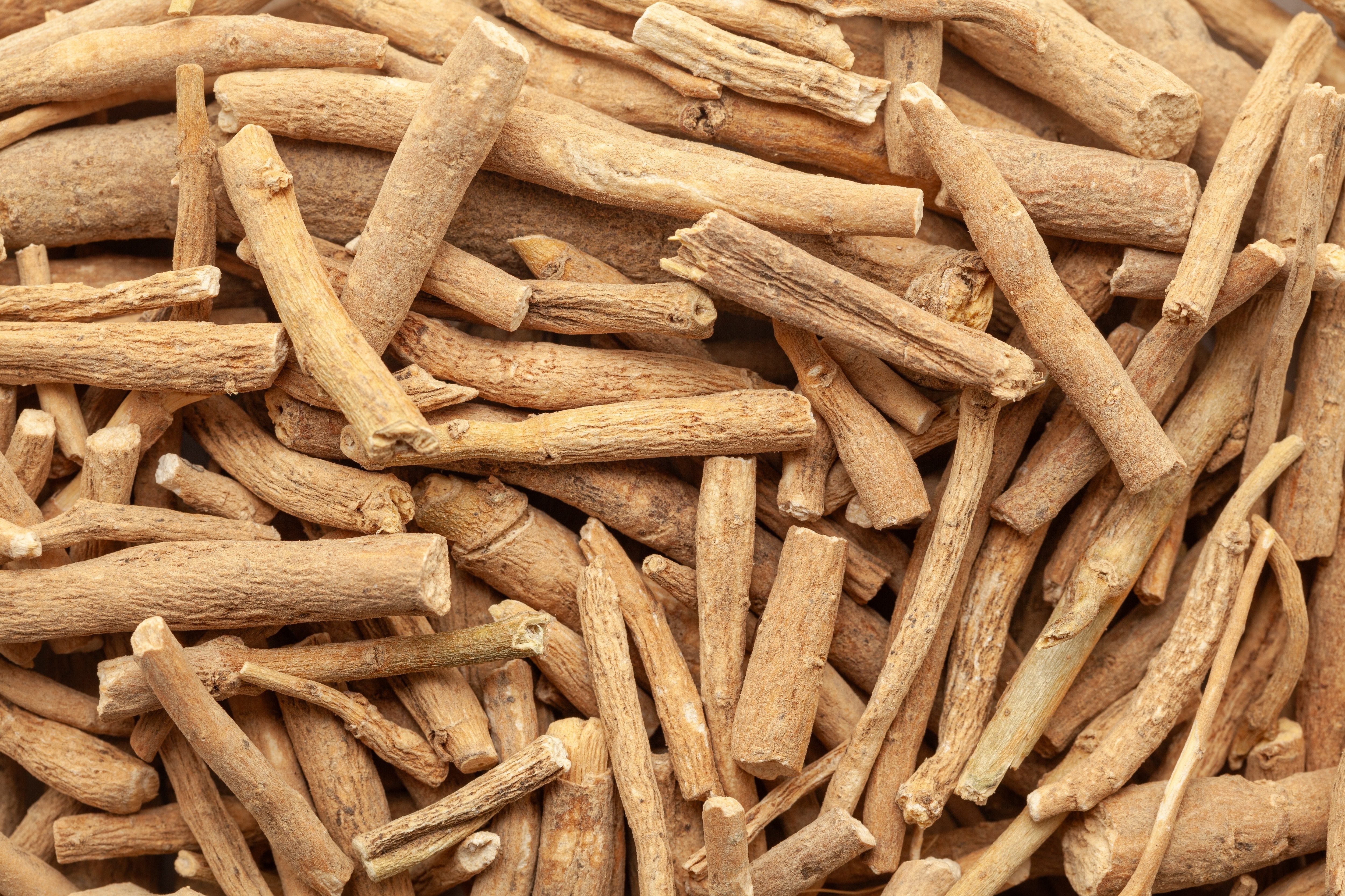 Close-up of dried ashwagandha roots piled together.