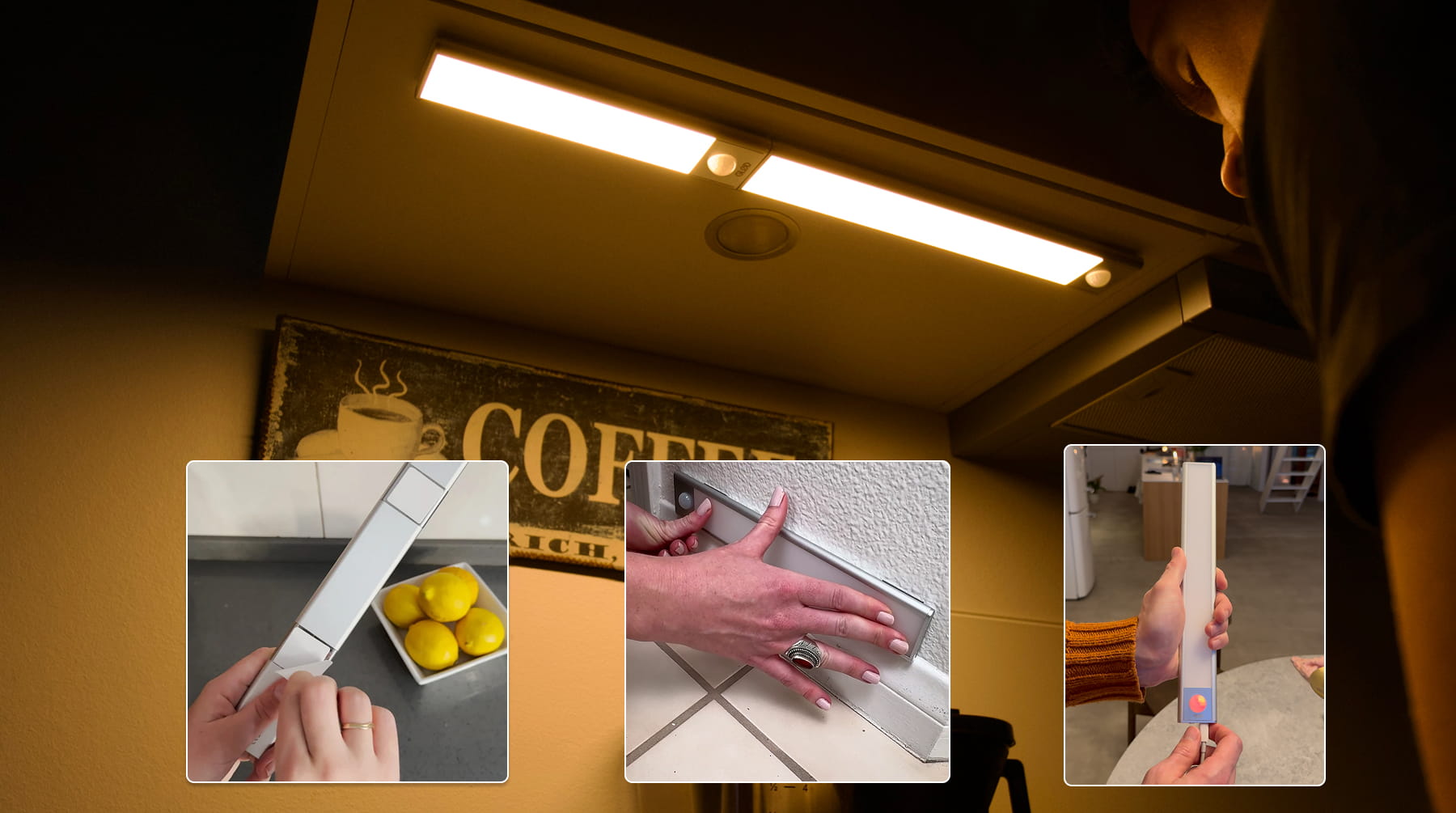 A collage showing various uses of a rechargeable, stick-on LED light bar in a home interior.