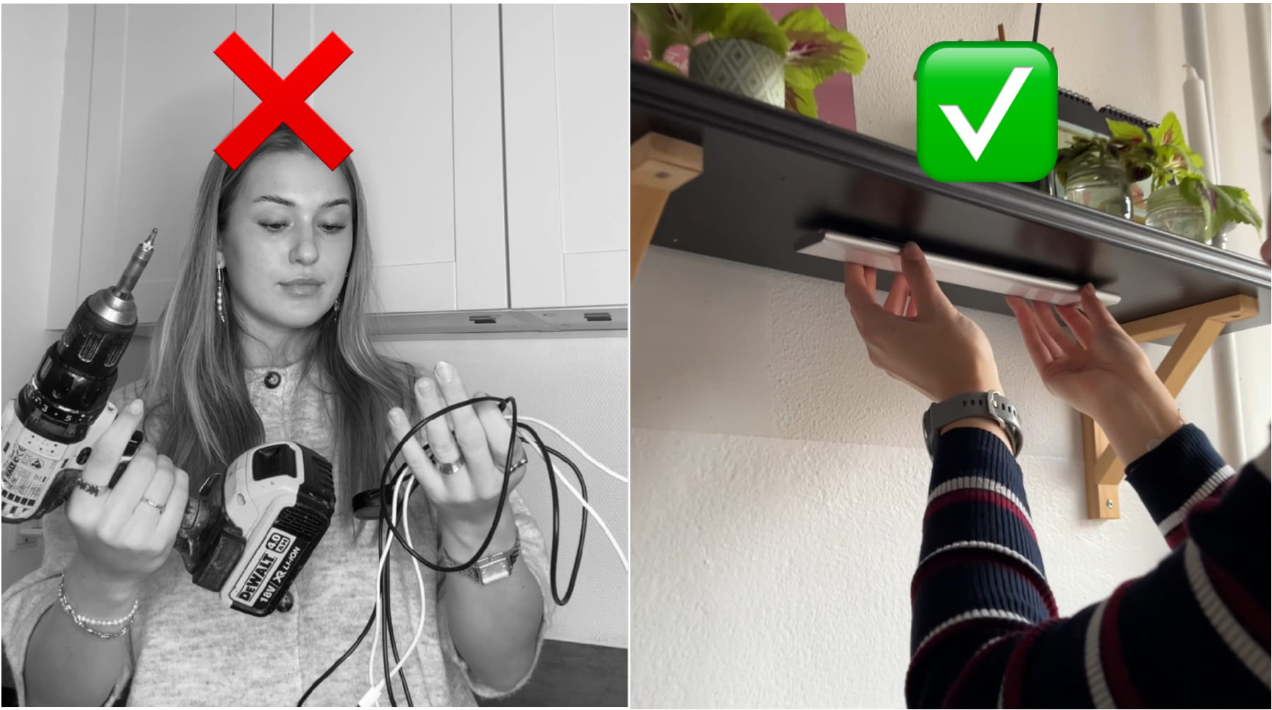 A split image contrasting a woman holding a drill and wires with hands installing a stick-on light.