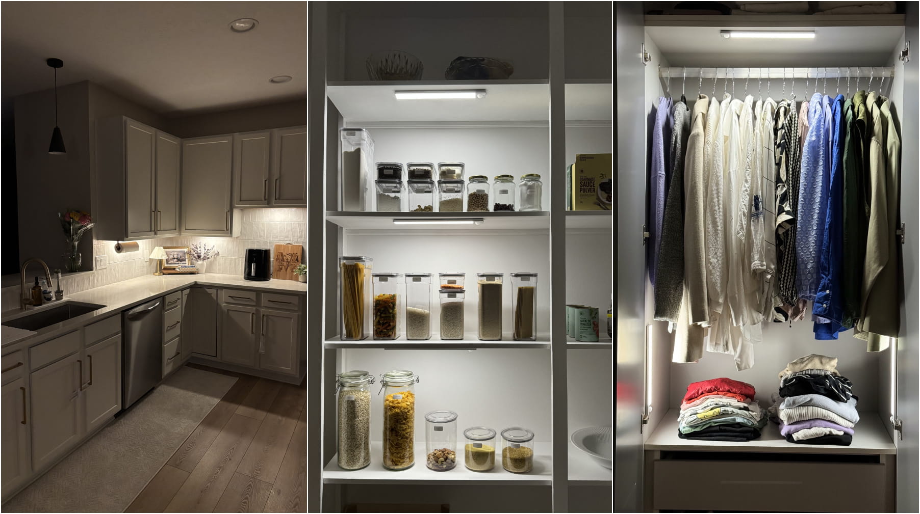 A collage showing LED lights installed under a kitchen cabinet, on pantry shelves, and inside a clothing closet.