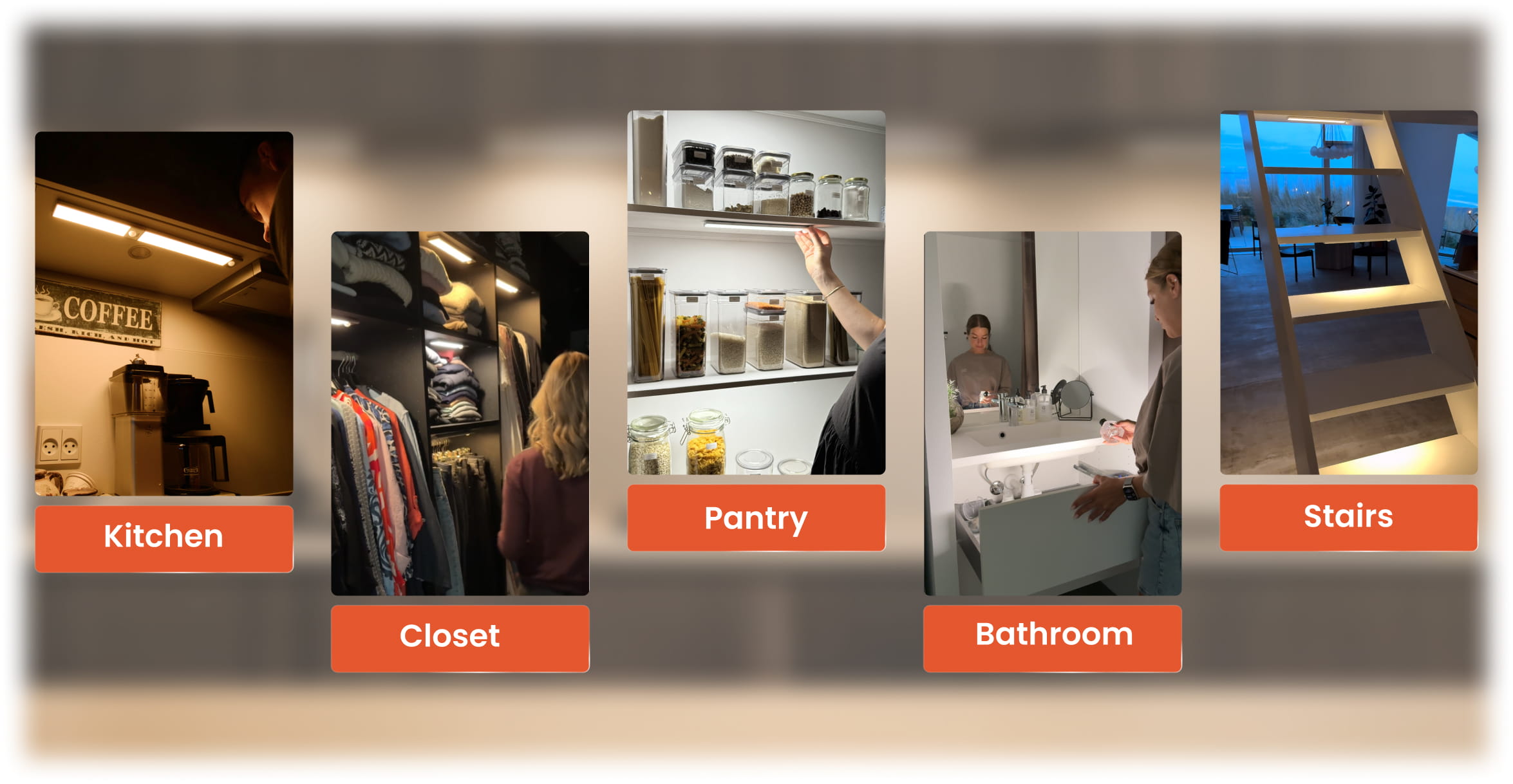 A collage of five photos showing under-cabinet lighting used in a kitchen, closet, pantry, bathroom, and on stairs.