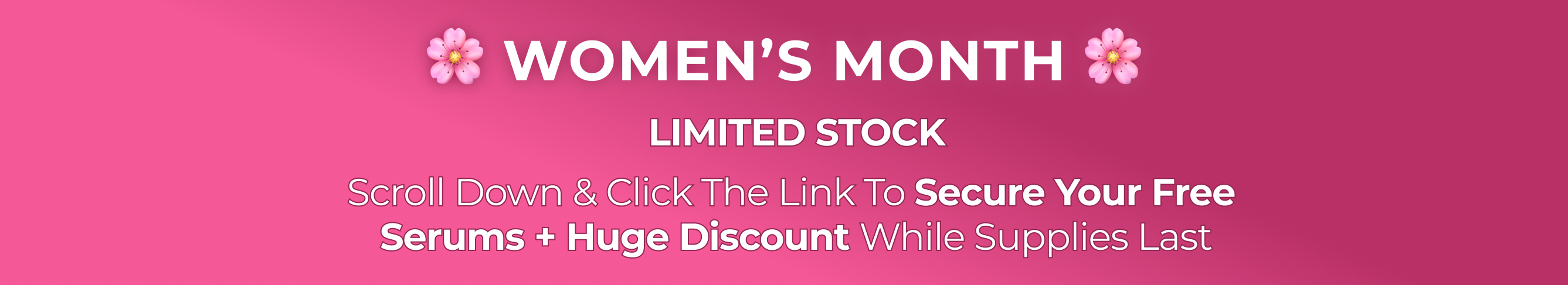 Pink banner advertising Women's Month with free serums and discounts.