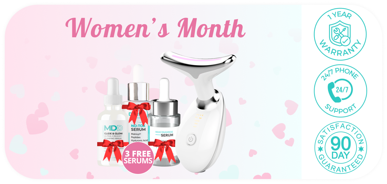 Women's Month skincare promotion with device and three serums, warranty, support, and satisfaction guarantee icons.