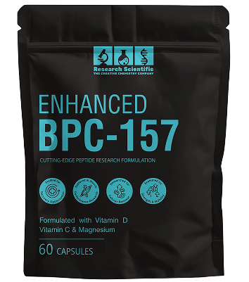 Black package labeled 'Enhanced BPC-157' with 60 capsules, vitamin D, C, and magnesium.