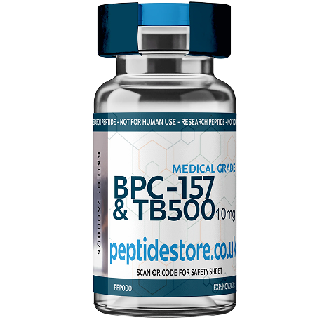 A vial labeled 'BPC-157 & TB500' from peptidestore.co.uk.