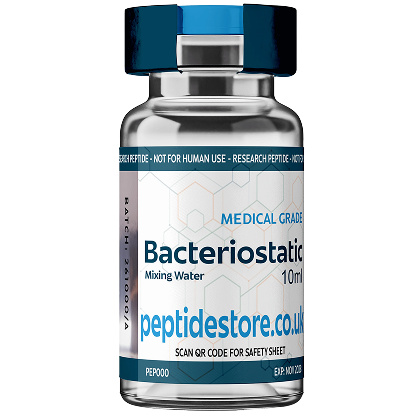 A vial labeled 'Bacteriostatic Mixing Water' with a blue cap.