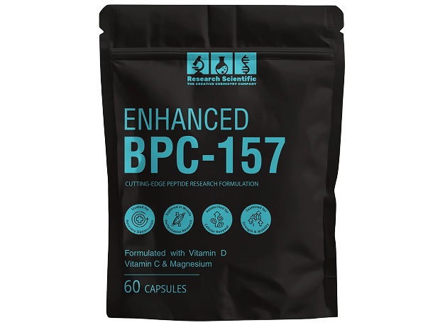 Black package labeled 'Enhanced BPC-157' with 60 capsules, vitamin details.