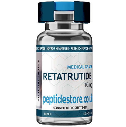 A vial labeled 'Retatrutide' from peptidestore.co.uk, marked for research use.