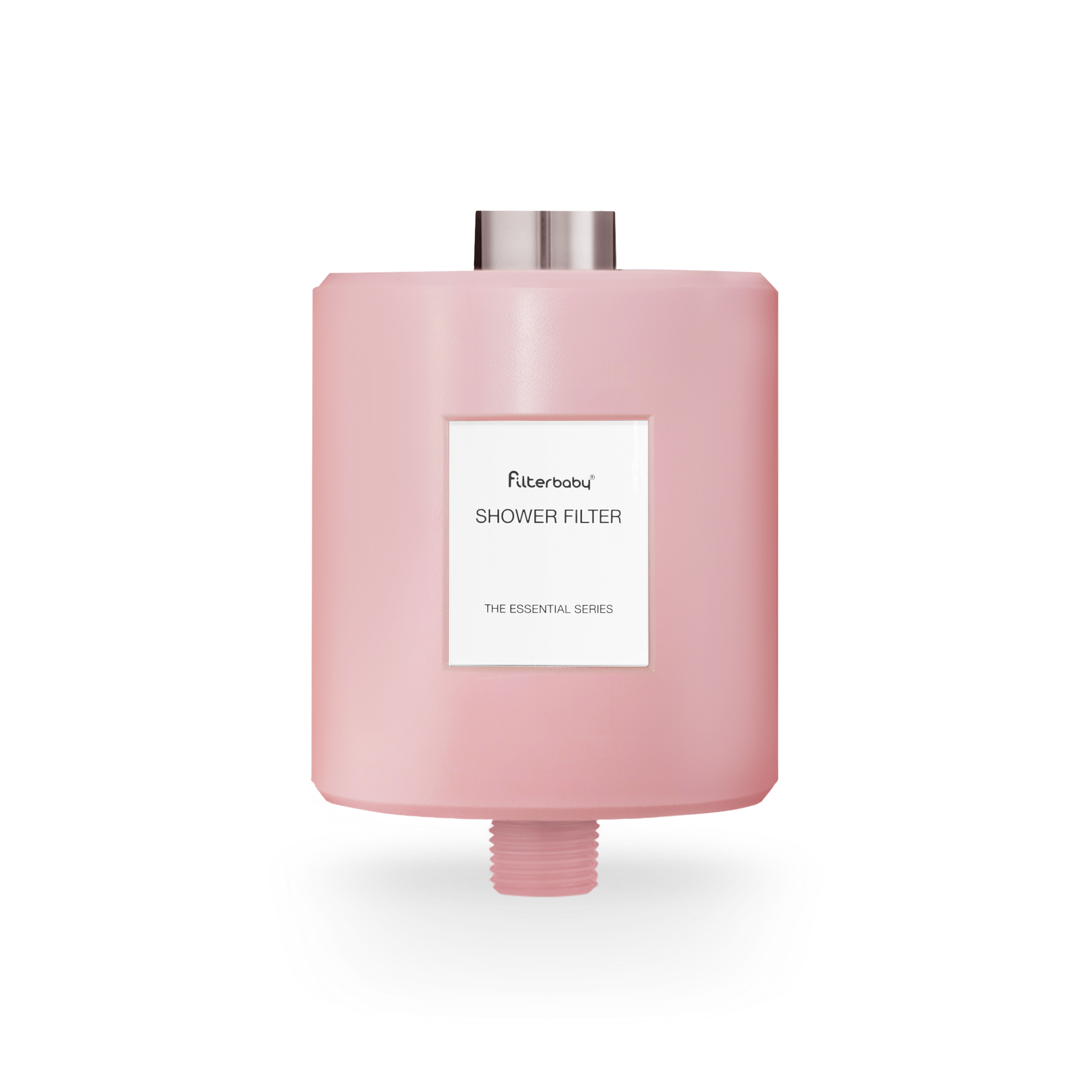 Pink shower filter with a label reading 'Filterbaby Shower Filter The Essential Series'.