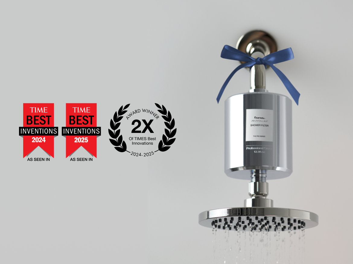 Shower filter with blue ribbon, award badges showing 'Best Inventions' 2024 and 2025.