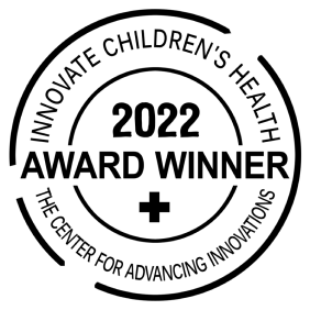 A black circular seal for the 'Innovate Children's Health 2022 Award Winner'.