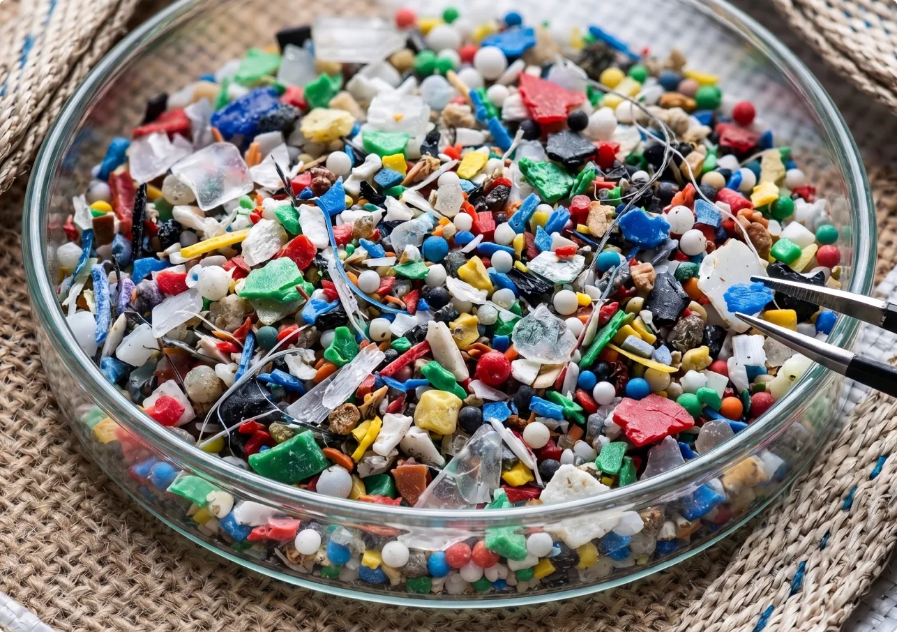 A close-up of a glass petri dish filled with colorful microplastics being sorted with tweezers.