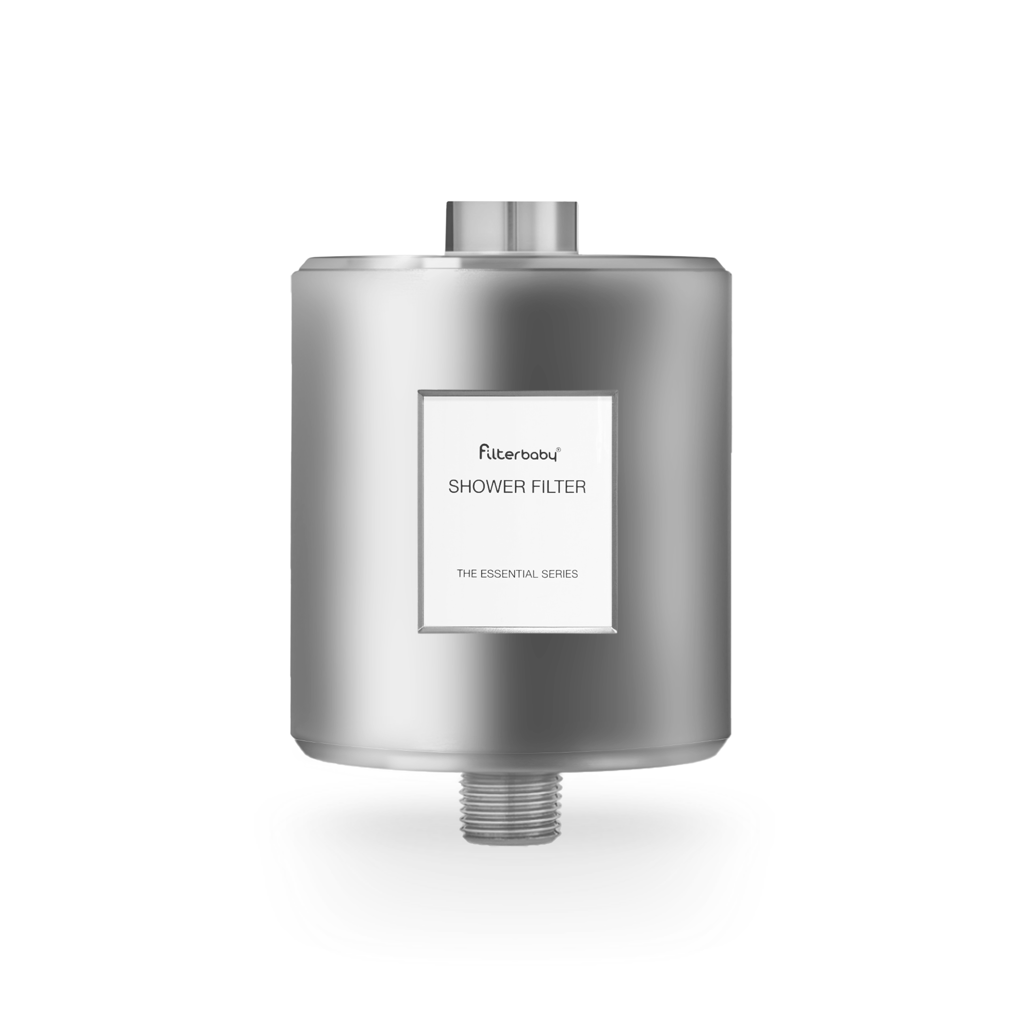 Stainless steel shower filter with labeled front and threaded connection.