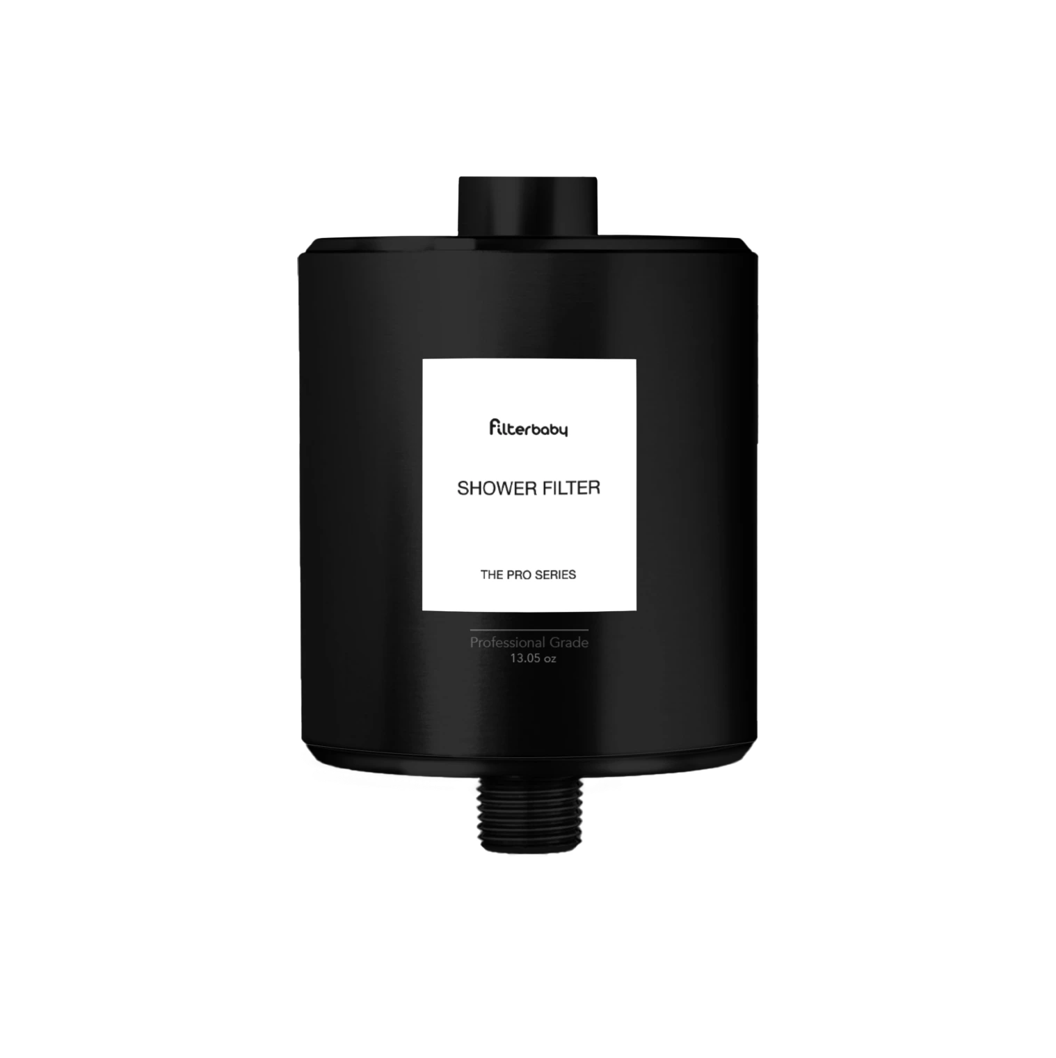 A black cylindrical Filterbaby shower filter against a white background.