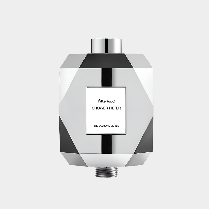 Geometric shower filter labeled 'Filterbaby Shower Filter The Diamond Series' on a white background.
