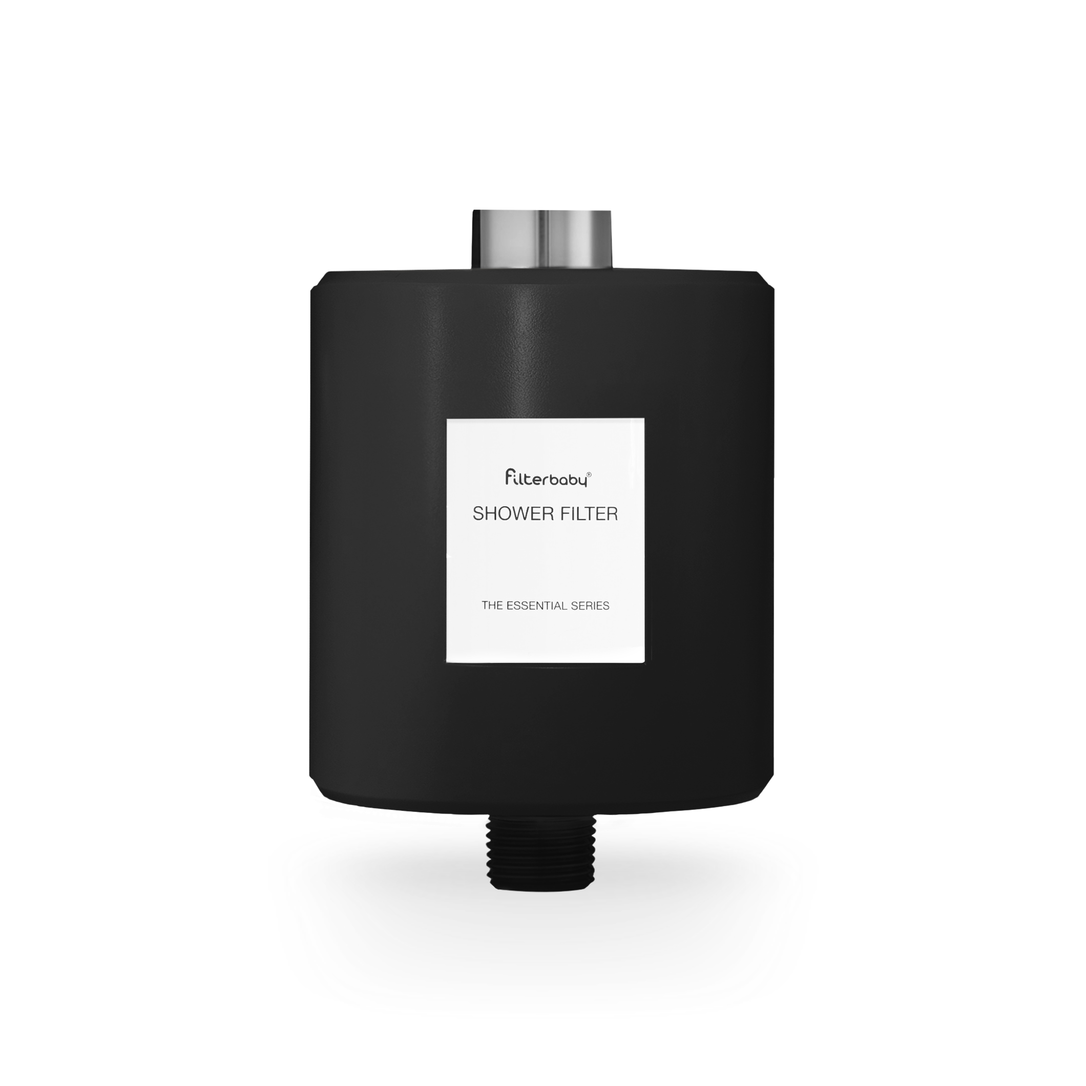 Black cylindrical shower filter with white label on front.