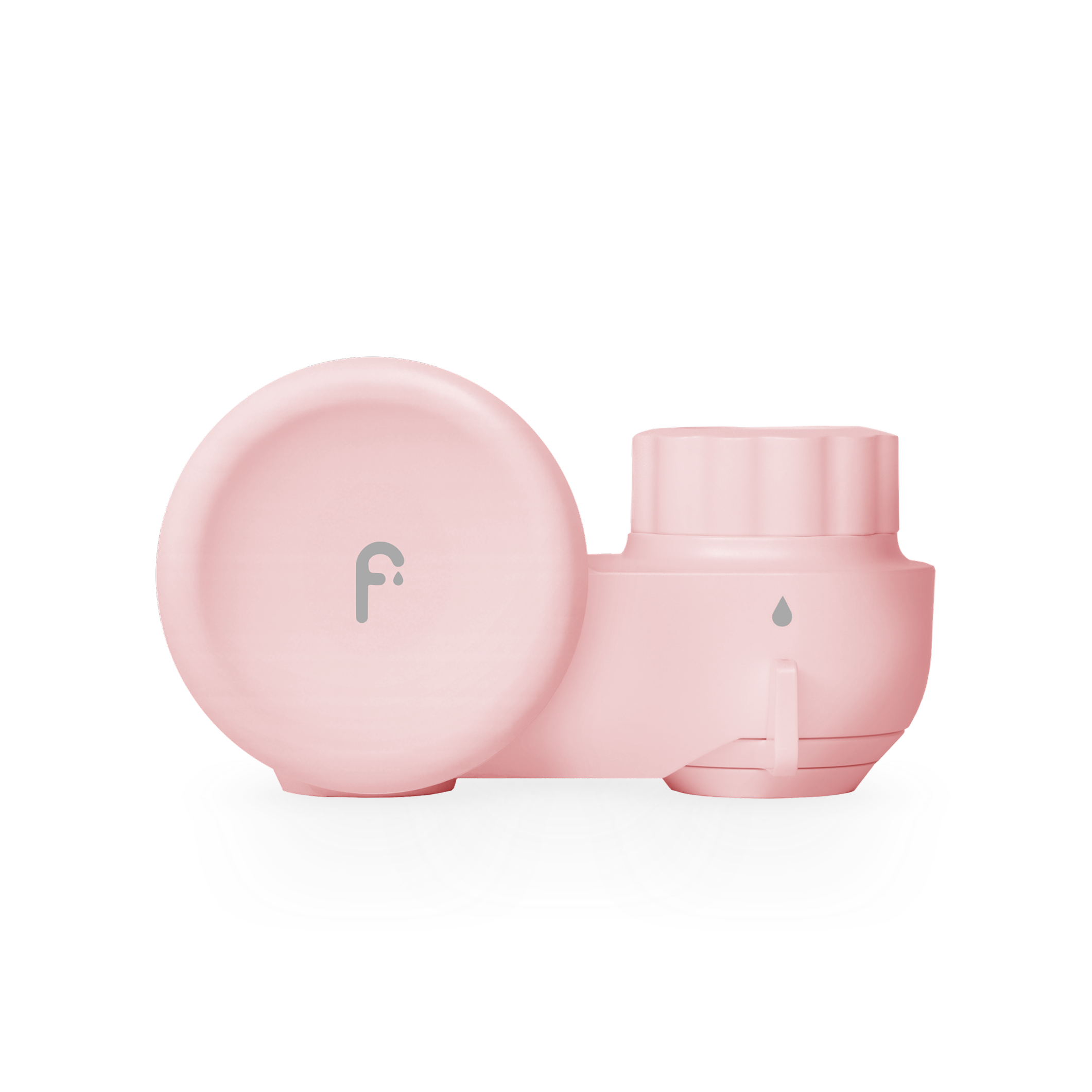 Pink contact lens case with a small droplet symbol and letter 'f'.