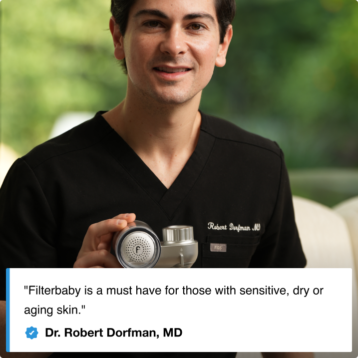 A person smiling outdoors with a skin care testimonial.