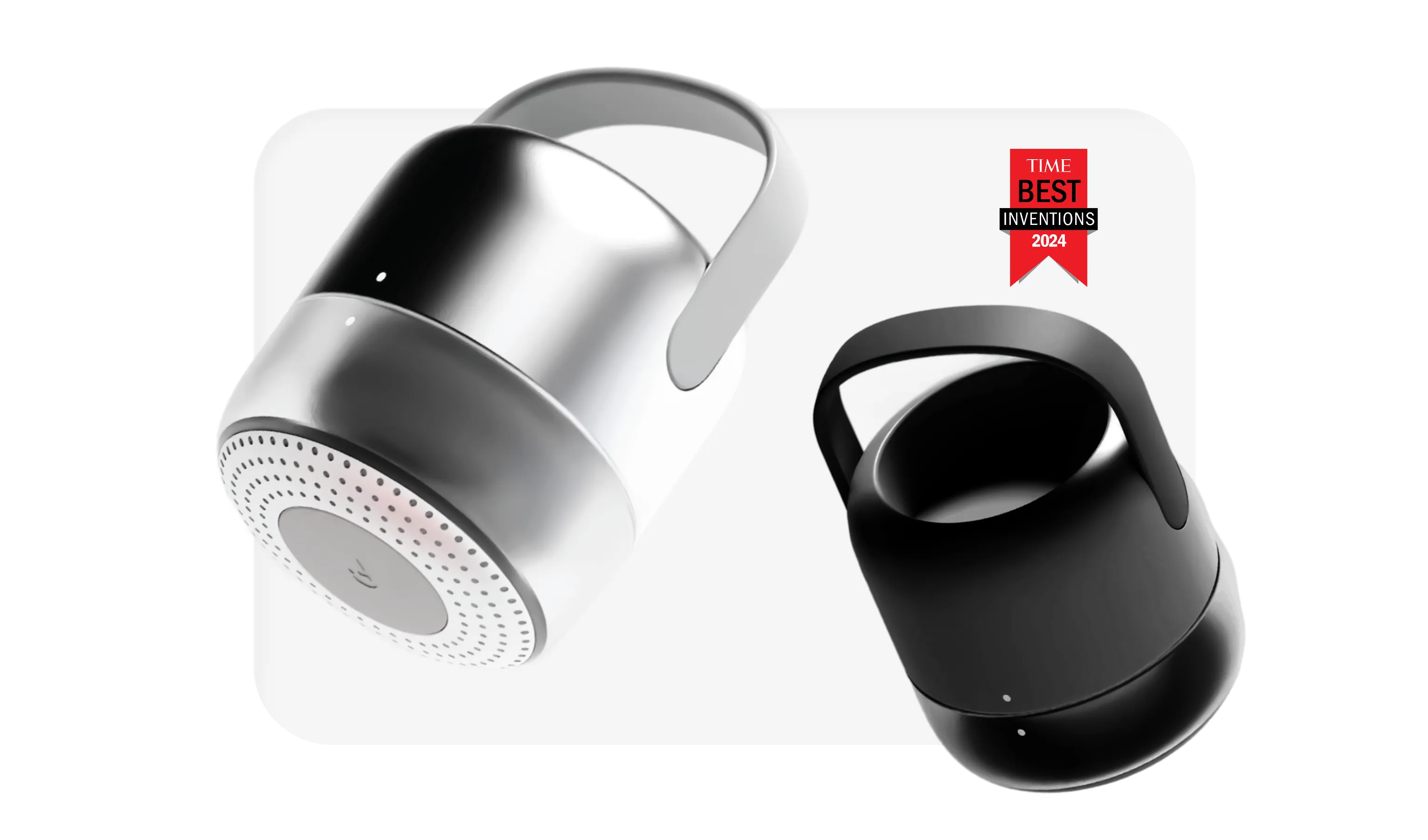 Two portable speakers, one silver and one black, with a TIME Best Inventions 2024 award logo.