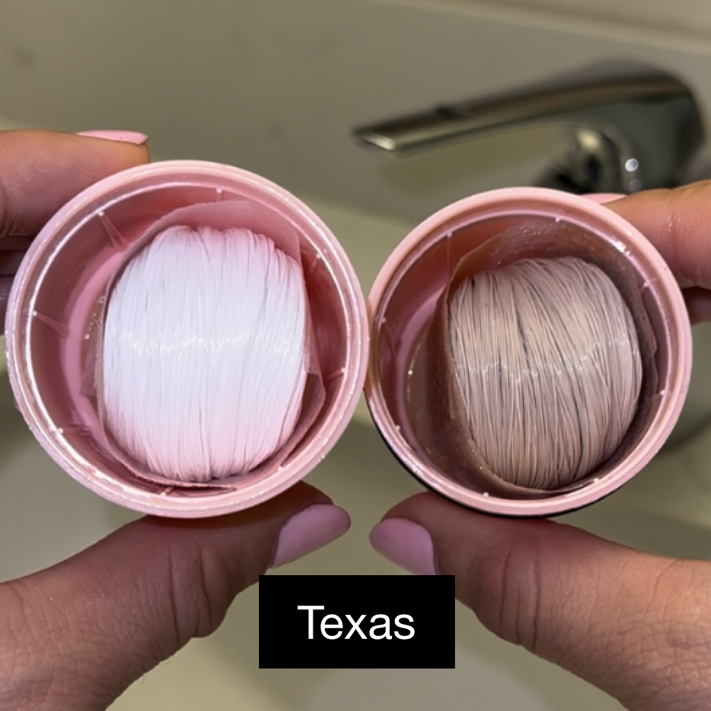 Two capsules containing white and beige threaded materials held by hands.