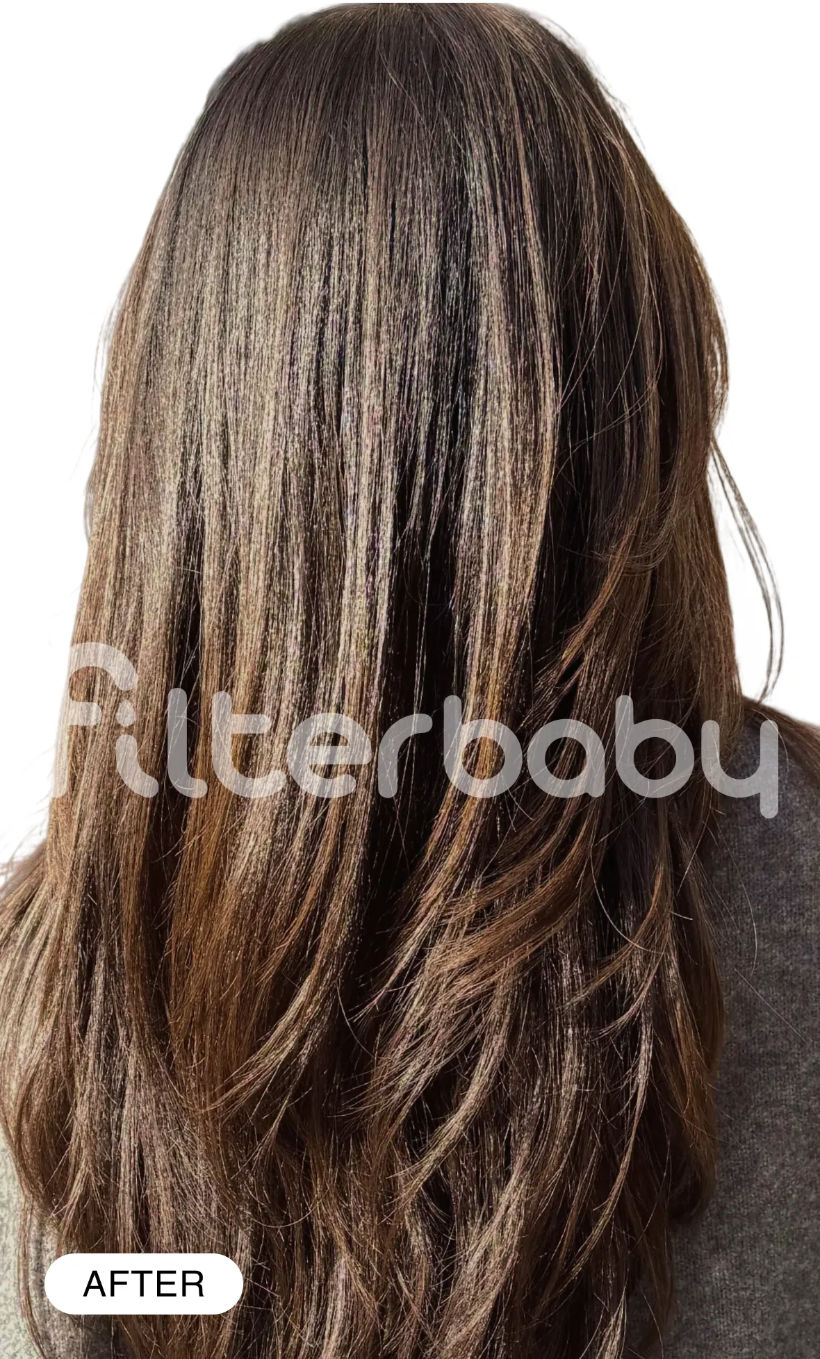 The back of a person's head, showing long, layered, healthy-looking brown hair, with an 'AFTER' label.