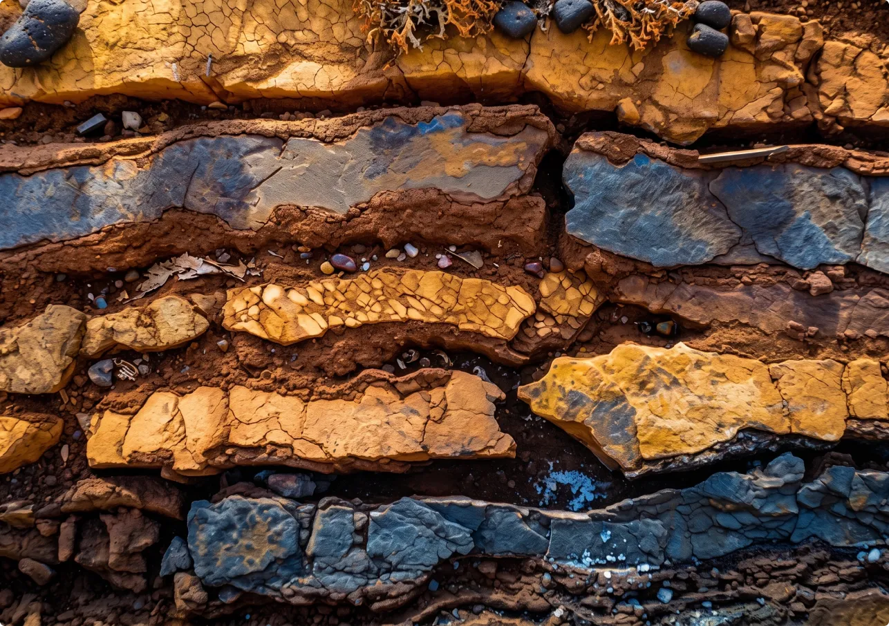 A close-up, top-down view of layered yellow and blue-grey cracked rocks separated by brown earth.