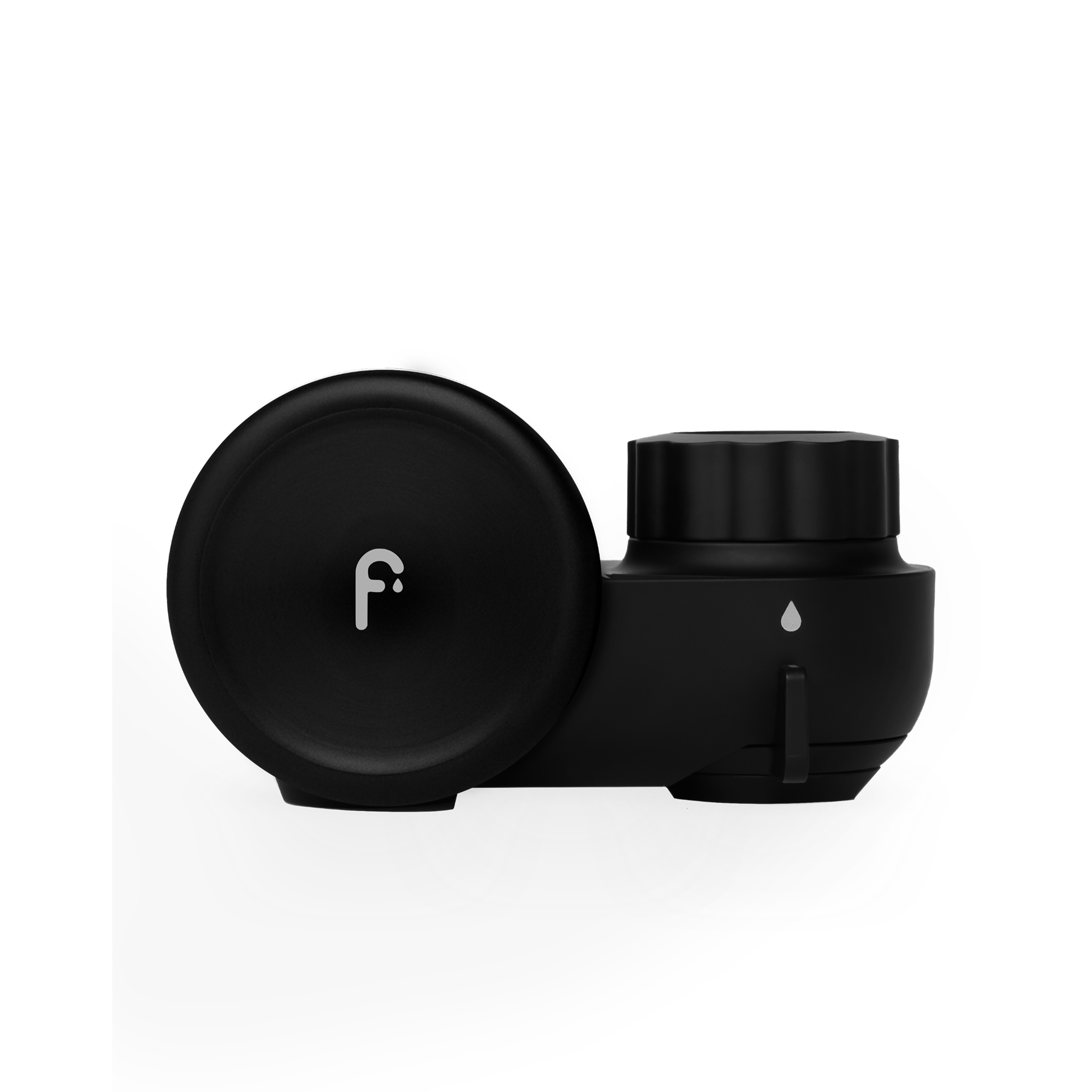 Black circular device with a logo and water droplet icon.