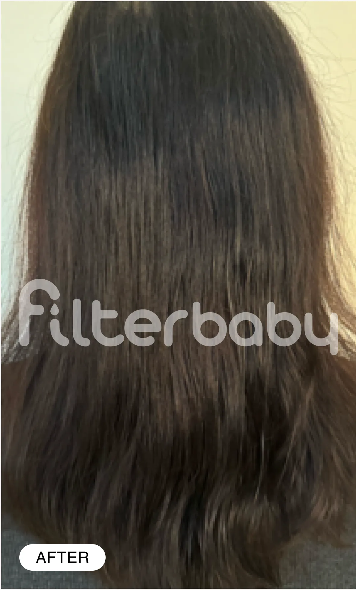 The back of a person's head, showing their long, dark brown hair, with an 'AFTER' label.