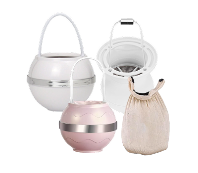 Four cosmetic containers, including a pink and silver jar and a beige drawstring pouch.