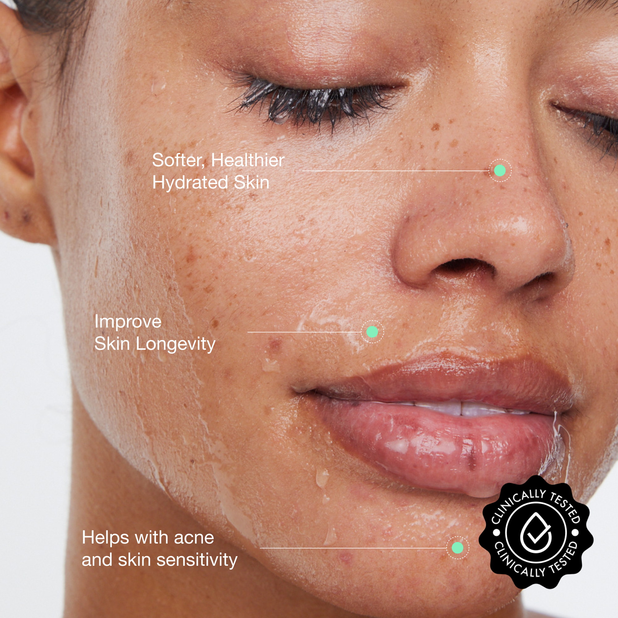 Man smiling with graphic highlighting skin texture; text promoting skin product benefit.