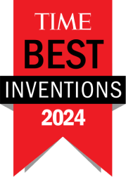 A red ribbon-style logo that reads 'TIME BEST INVENTIONS 2024' in white and black text.