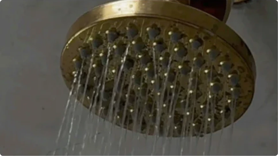 A close-up of a gold-colored shower head with streams of water coming out.