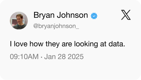 A social media post from Bryan Johnson that reads, 'I love how they are looking at data.'