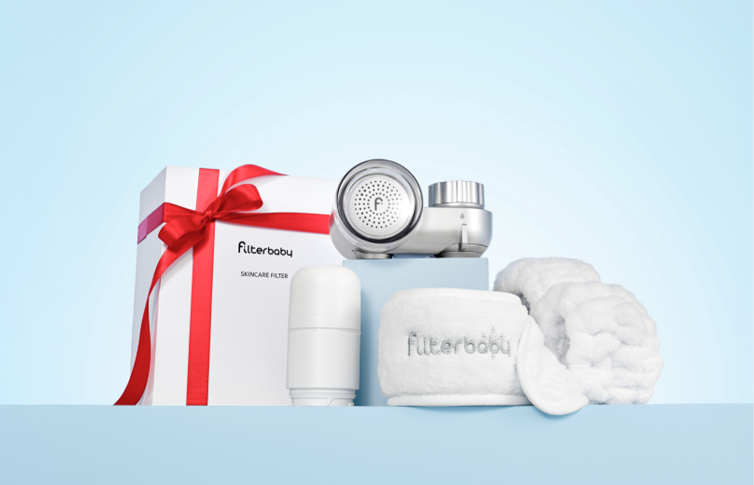 Skincare filter set with gift box, towel, and filter device on blue background.