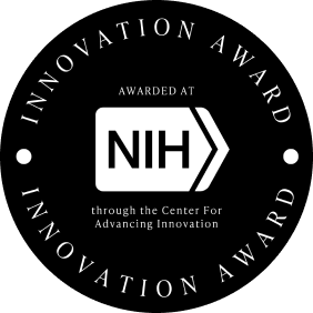 A black and white circular seal for the NIH Innovation Award through the Center For Advancing Innovation.