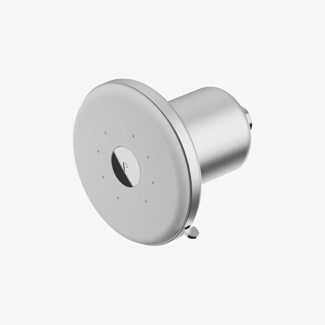 A modern, round, chrome shower head with a built-in filter, viewed from an angle against a white background.